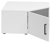 Weißer Eckaufsatzschrank mit geöffneter Tür, schwarze Griffleiste, Perspektive von vorne rechts