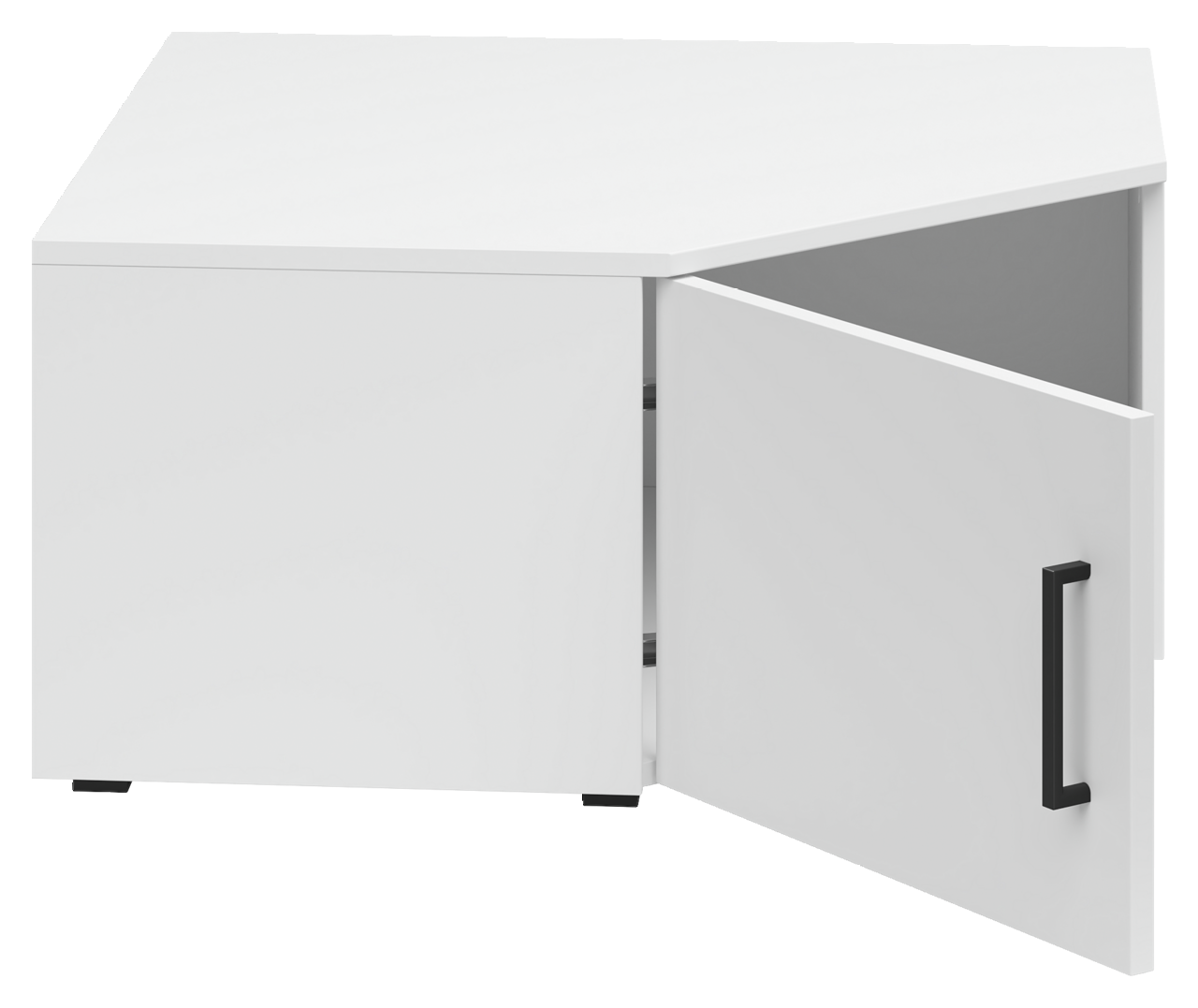 Weißer Eckaufsatzschrank mit geöffneter Tür, schwarze Griffleiste, Perspektive von vorne rechts