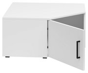 Weißer Eckaufsatzschrank mit geöffneter Tür, schwarze Griffleiste, Perspektive von vorne rechts