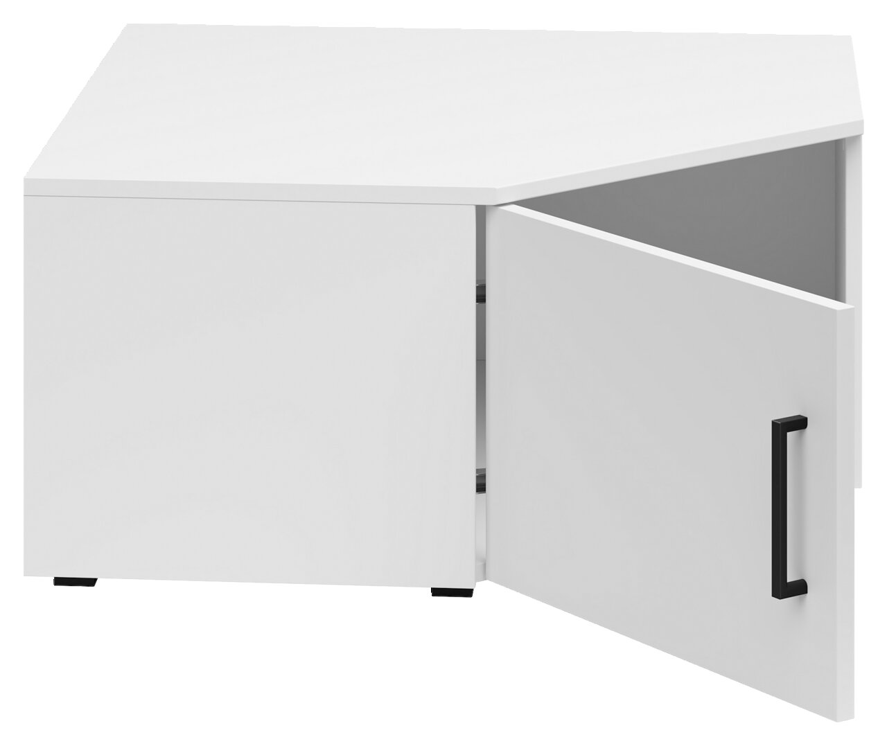 Weißer Eckaufsatzschrank mit geöffneter Tür, schwarze Griffleiste, Perspektive von vorne rechts