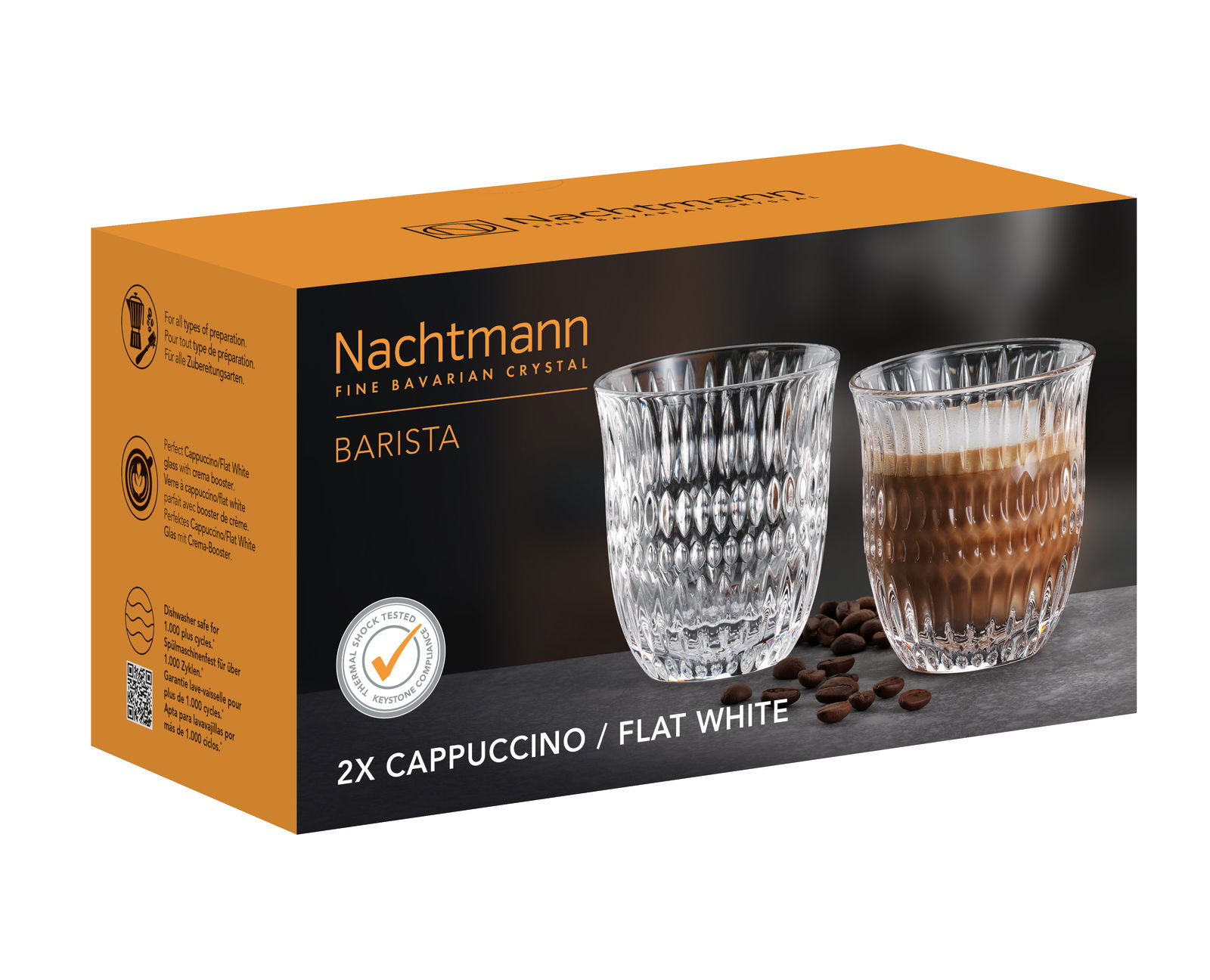 Verpackung mit zwei Nachtmann Barista Gläsern für Cappuccino oder Flat White, Vorderansicht