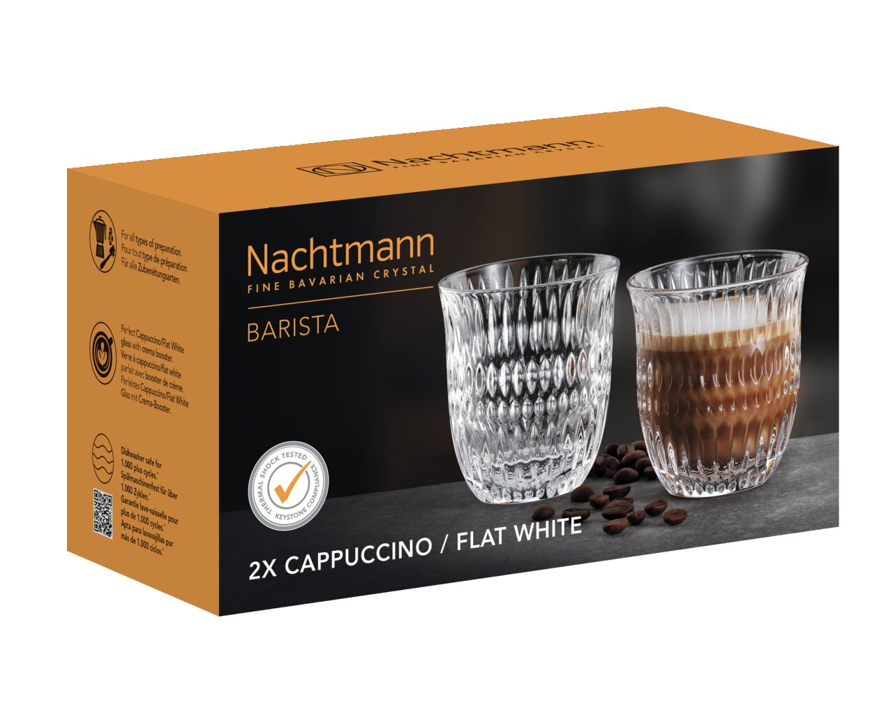 Verpakking met twee Nachtmann Barista-glazen voor cappuccino of flat white, vooraanzicht