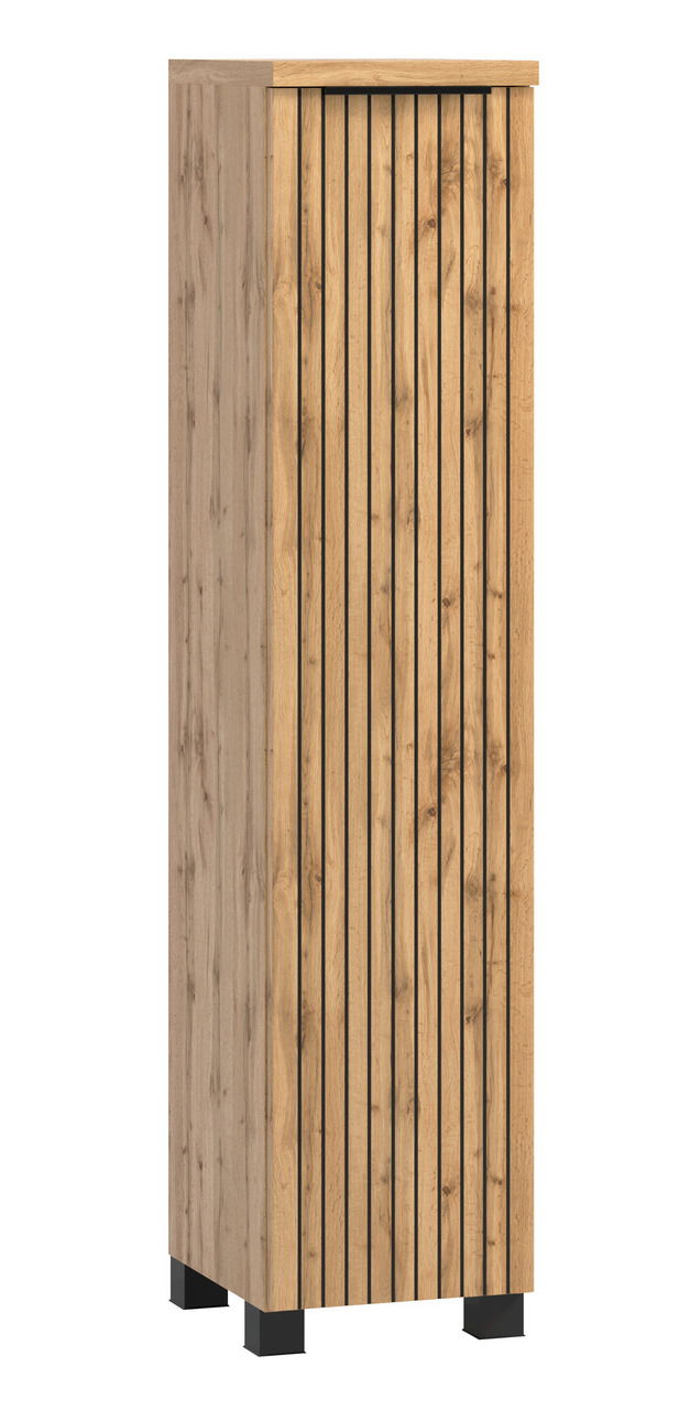 Midischrank 30 cm in Holzoptik mit vertikalen Lamellen, seitliche Perspektive