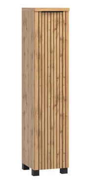Midischrank 30 cm in Holzoptik mit vertikalen Lamellen, seitliche Perspektive