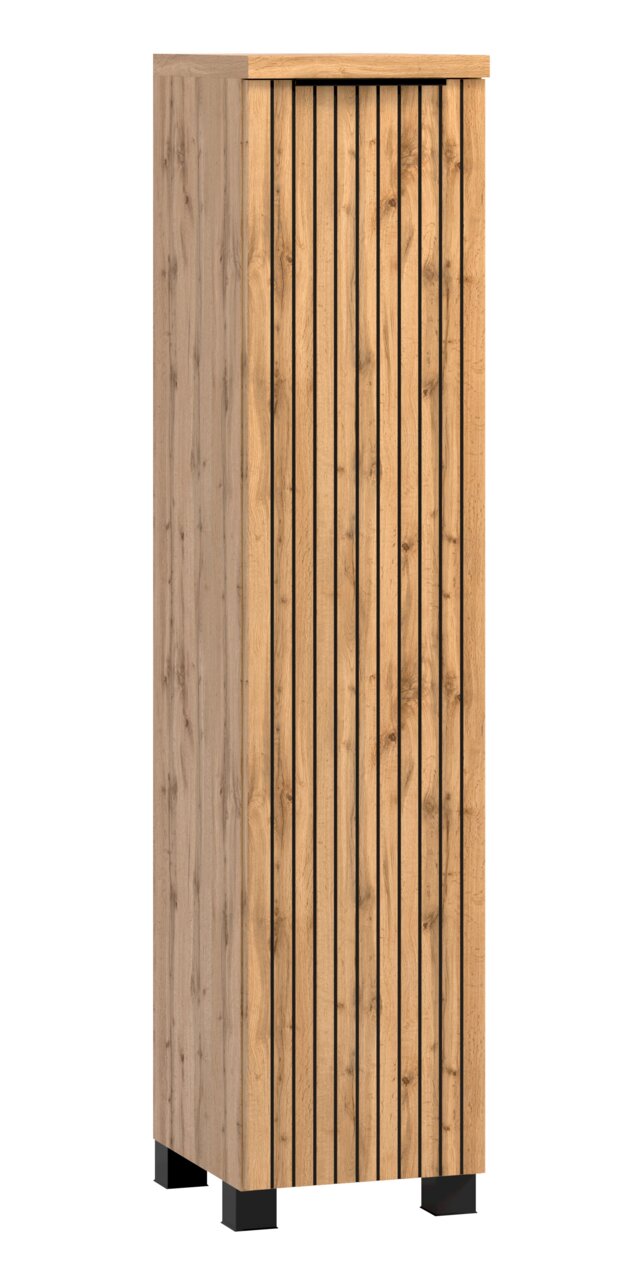 Midischrank 30 cm in Holzoptik mit vertikalen Lamellen, seitliche Perspektive
