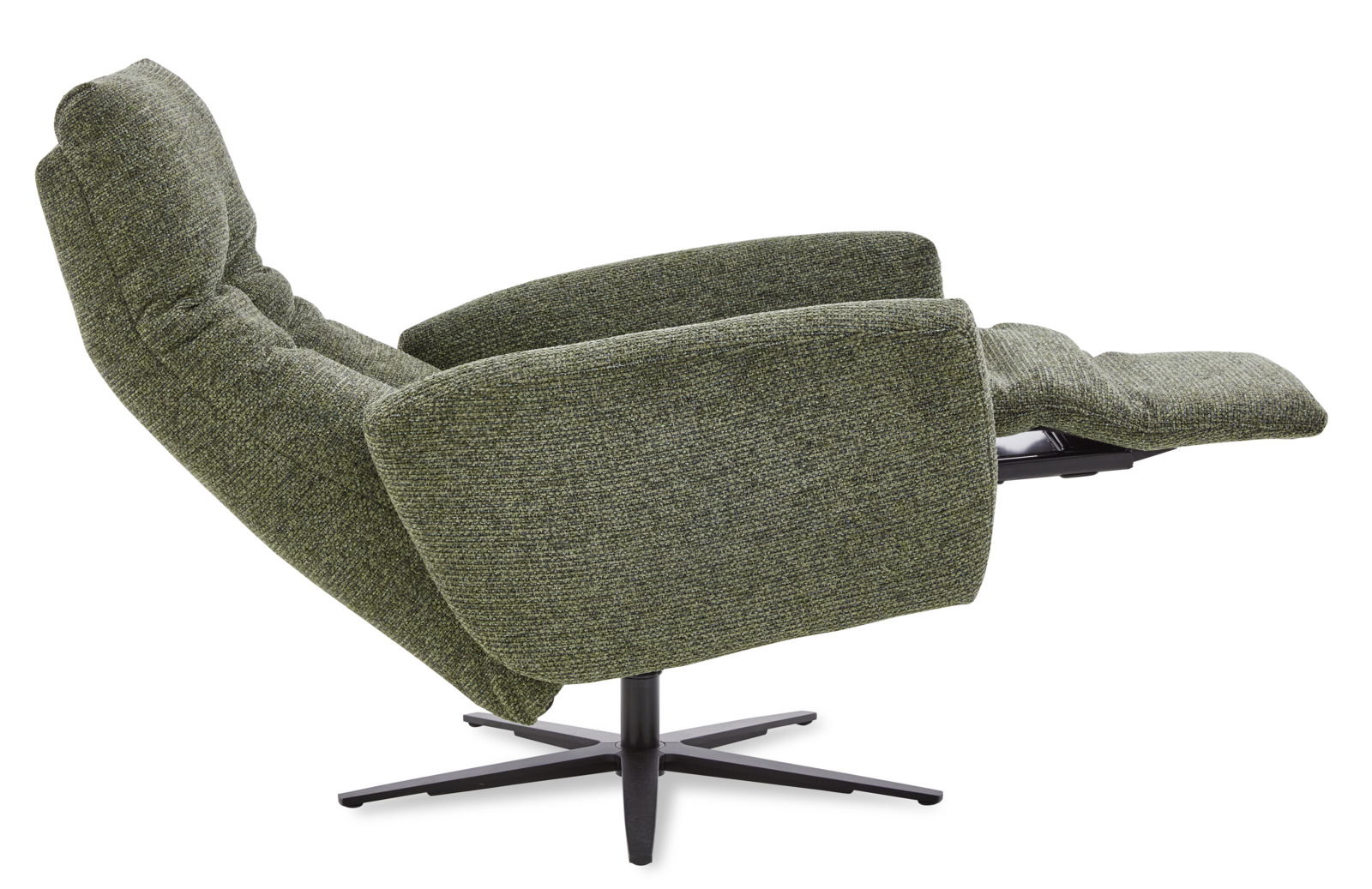 Seitenansicht eines grünen Relax-Sessels mit ausgeklapptem Fußteil auf einem schwarzen Drehfuß.