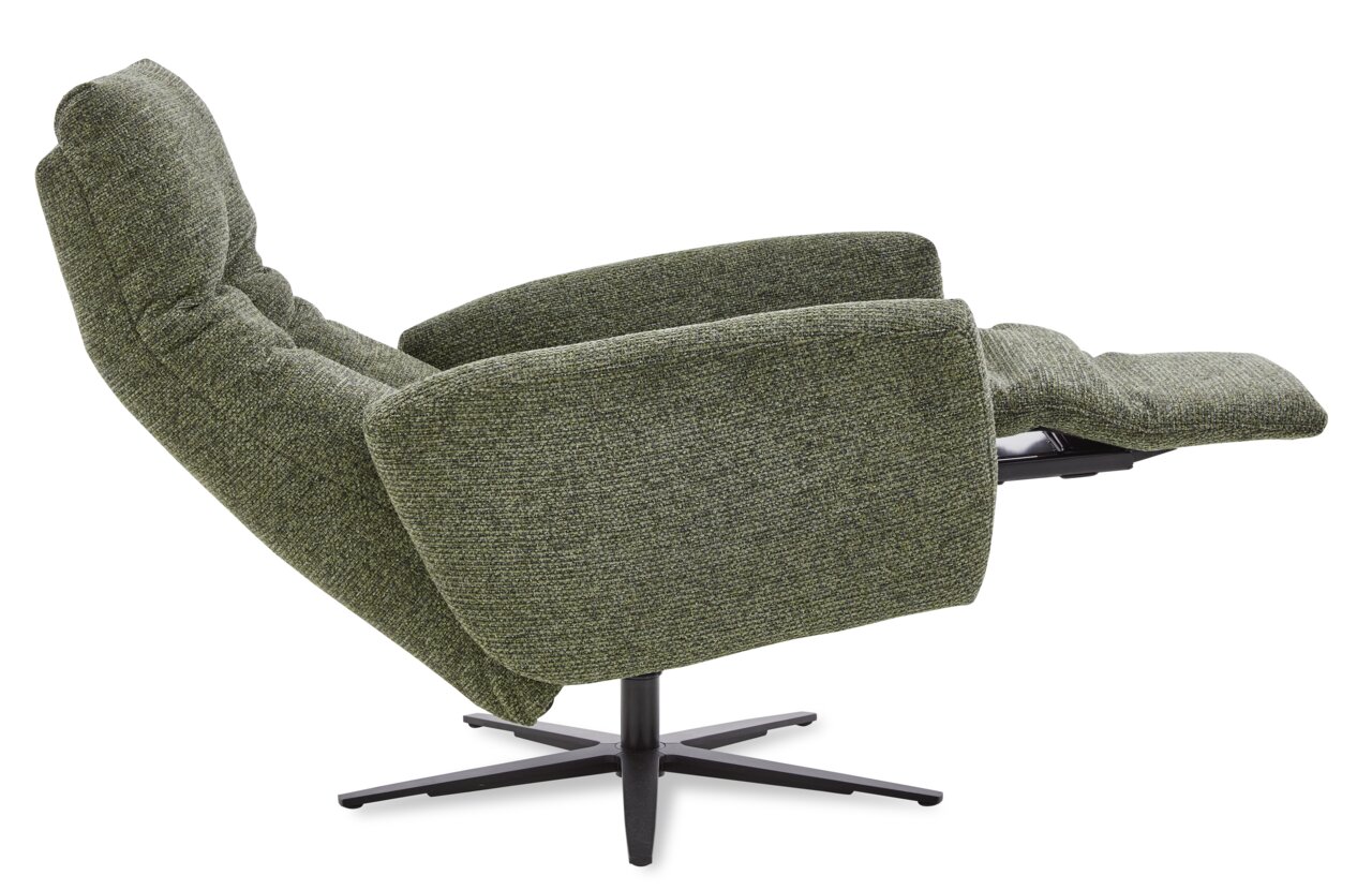 Zijaanzicht van een groene relaxfauteuil met uitgeklapt voetgedeelte op een zwart draaivoet.