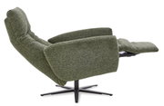 Seitenansicht eines grünen Relax-Sessels mit ausgeklapptem Fußteil auf einem schwarzen Drehfuß.