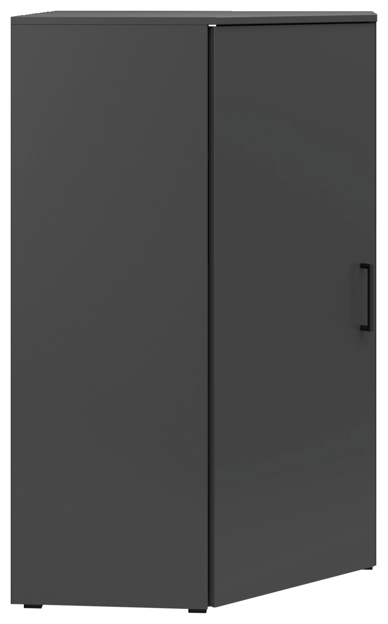 Schwarze Eckkommode mit einer Tür, seitliche Perspektive