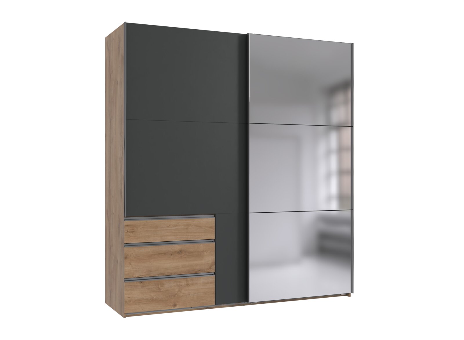 Kast met zweefdeuren met houten en spiegelende fronten, zijaanzicht