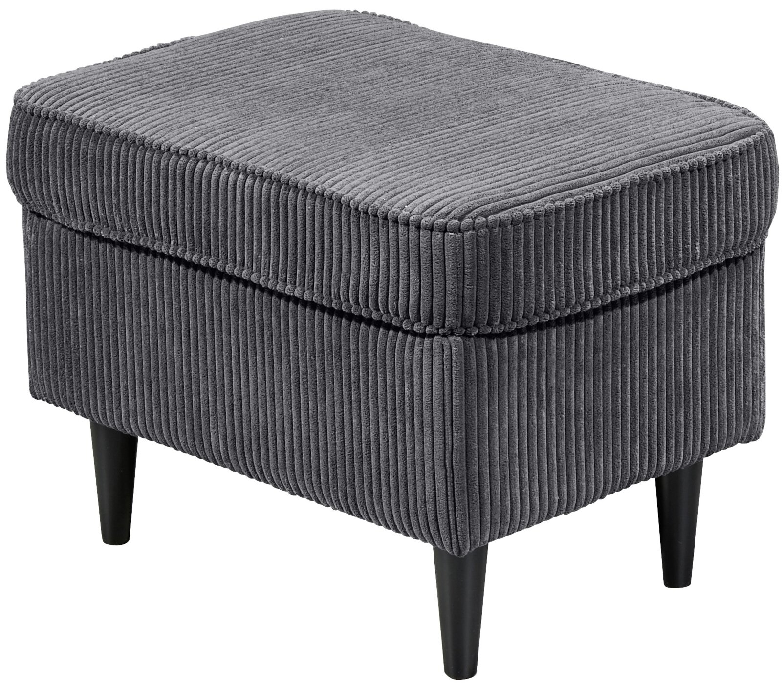 Z2 Hocker OSKAR Grauer Cord-Fußhocker/Sitzhocker mit gepolstertem Deckel und schwarzen Holzbeinen, freigestellt, Ansicht schräg von vorne oben