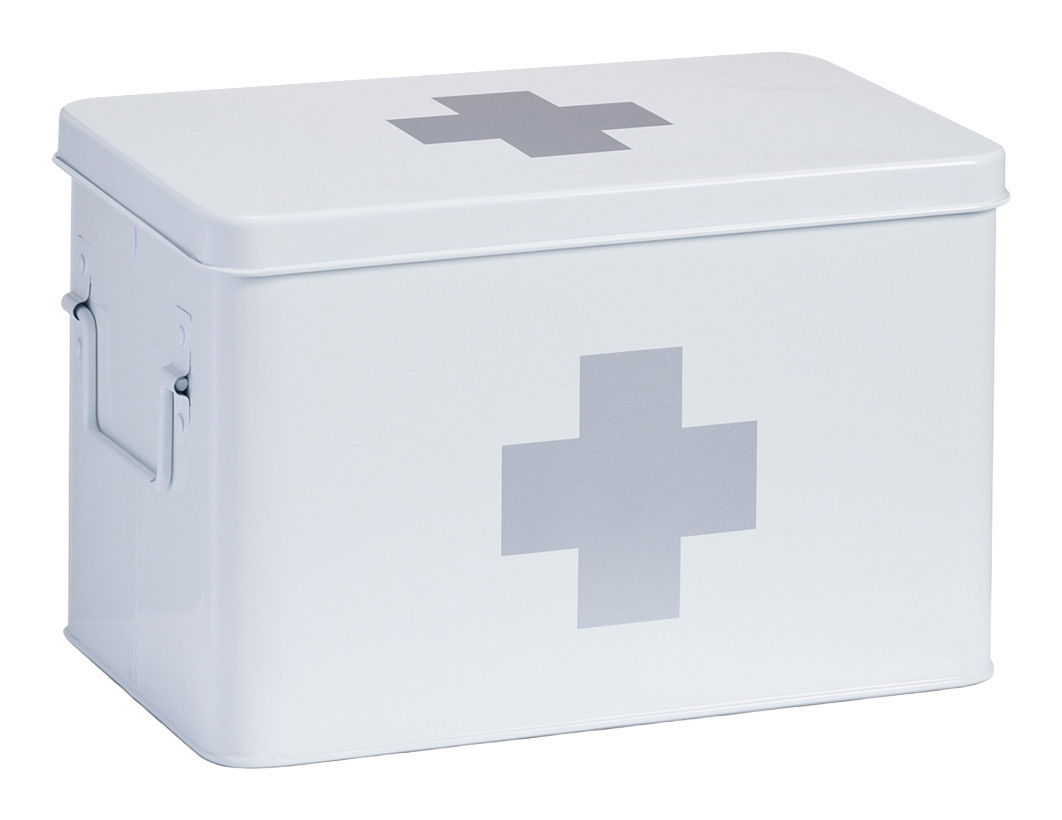 Weiße Metall-Medizinbox mit grauem Kreuz, seitliche Perspektive