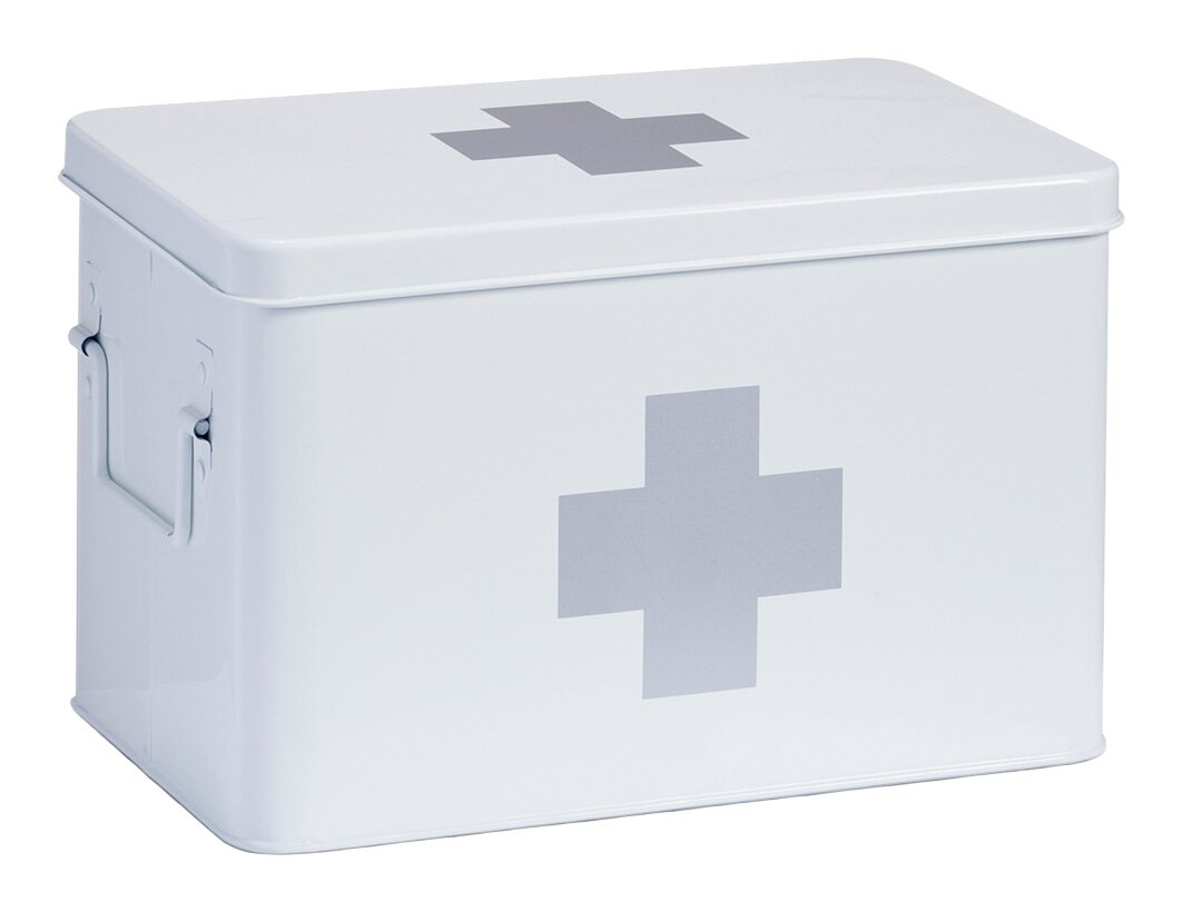 Weiße Metall-Medizinbox mit grauem Kreuz, seitliche Perspektive
