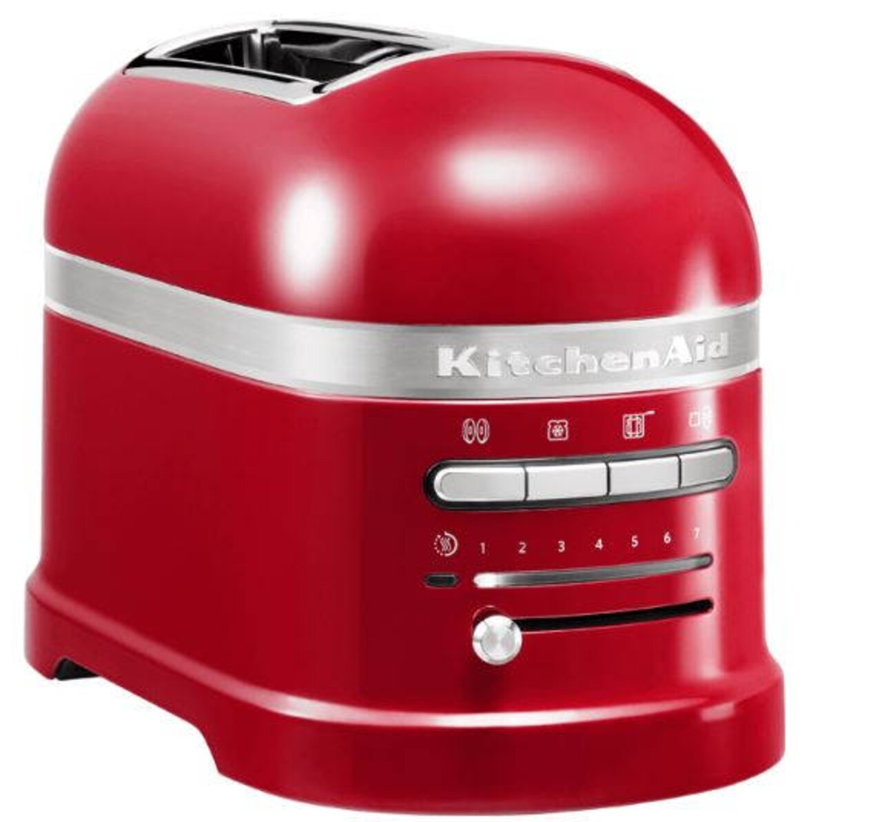 Roter 2-Schlitz-Toaster mit Bedienelementen auf der Vorderseite, seitliche Perspektive