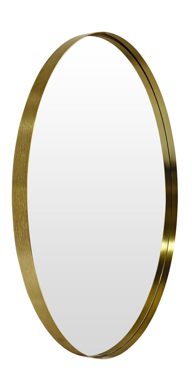 Ronde spiegel met een gouden lijst, zijaanzicht