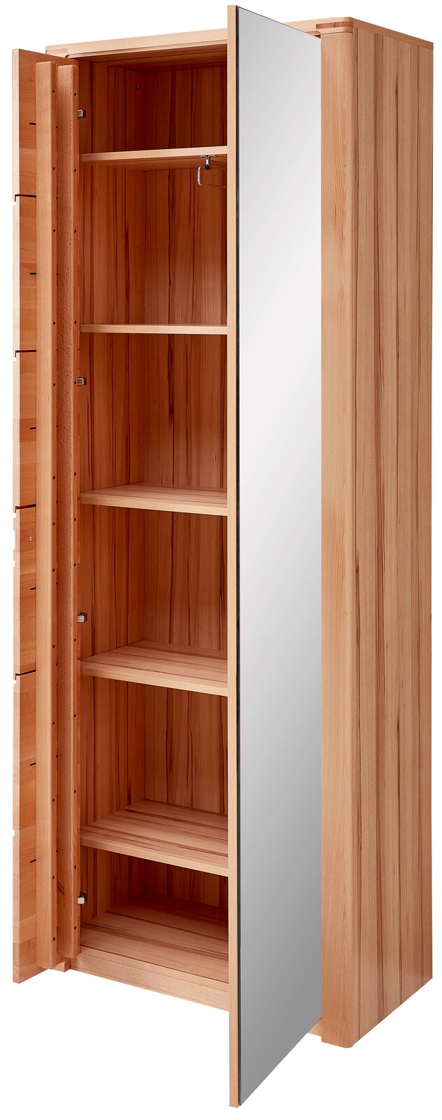 Holzgarderobe mit Spiegel, geöffnete Türen, zeigt Innenregale, Perspektive von vorne links