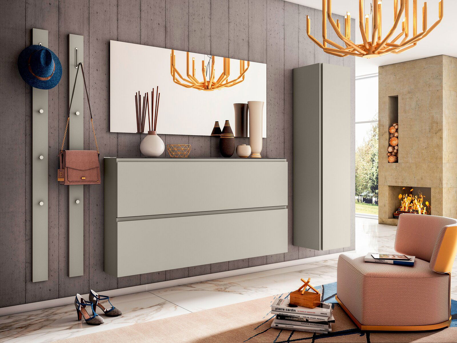 Modernes Garderobenset in einem stilvollen Wohnzimmer mit Wandspiegel, Hängeschrank und Dekorationen, seitliche Perspektive.