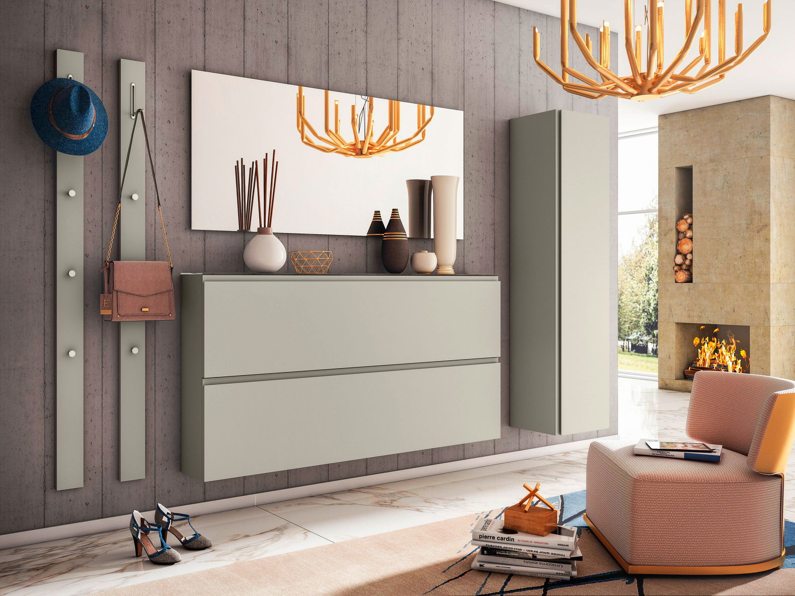 Moderano Garderoben-Set LECCO Modernes Garderobenset in einem stilvollen Wohnzimmer mit Wandspiegel, Hängeschrank und Dekorationen, seitliche Perspektive.