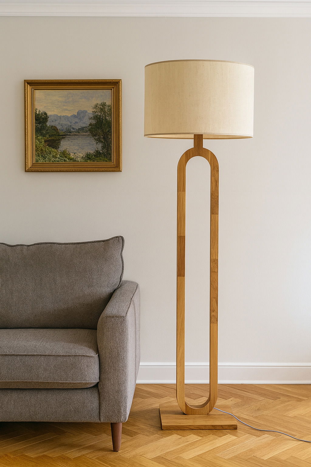 Moderne Stehleuchte aus Holz mit rundem Lampenschirm, neben einem grauen Sofa in einem Wohnzimmer, seitliche Perspektive.