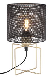 Moderne Tischleuchte mit schwarzem, perforiertem Lampenschirm und goldfarbenem Metallgestell, seitliche Perspektive.