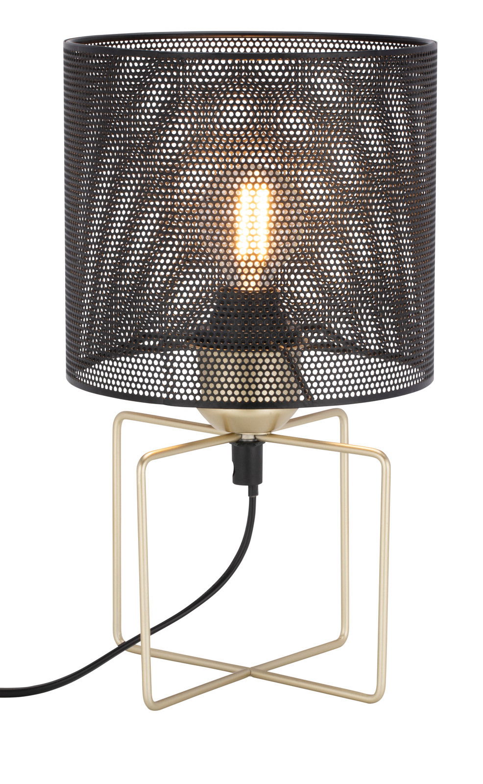 Moderne Tischleuchte mit schwarzem, perforiertem Lampenschirm und goldfarbenem Metallgestell, seitliche Perspektive.
