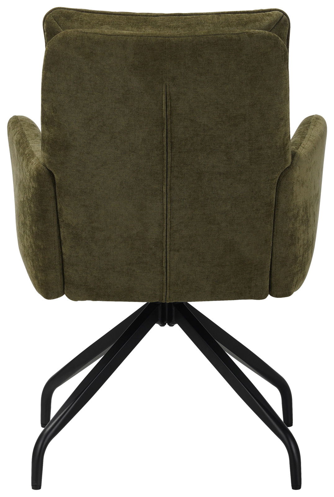 Rückansicht eines olivgrünen Schwingstuhls mit schwarzem Metallgestell