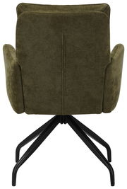 Rückansicht eines olivgrünen Schwingstuhls mit schwarzem Metallgestell