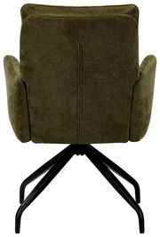 Rückansicht eines olivgrünen Schwingstuhls mit schwarzem Metallgestell