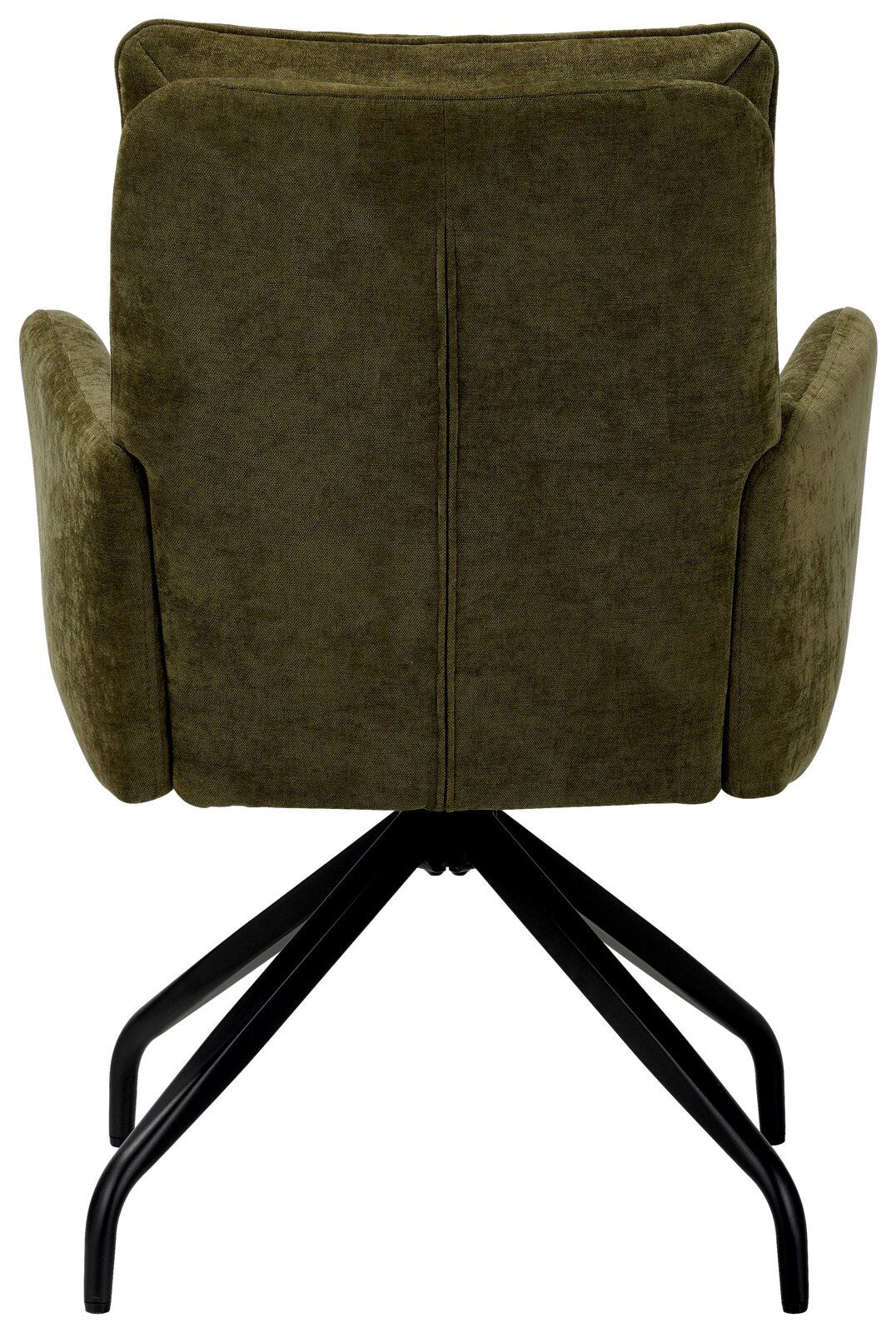 Rückansicht eines olivgrünen Schwingstuhls mit schwarzem Metallgestell