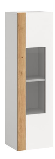 Vitrine mit weißem Korpus und Holzelementen, Frontansicht