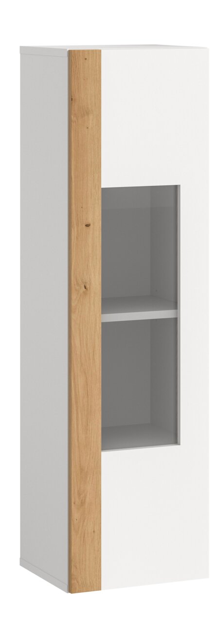 Vitrine mit weißem Korpus und Holzelementen, Frontansicht