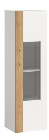 Vitrine mit weißem Korpus und Holzelementen, Frontansicht