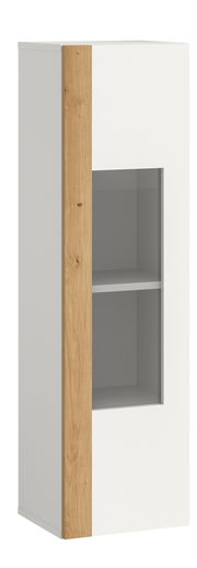 Vitrine mit weißem Korpus und Holzelementen, Frontansicht