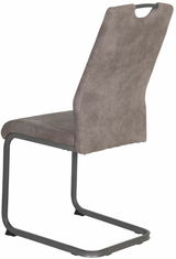 Rückansicht eines modernen Schwingstuhls der Serie CHRISTINA mit grauem Bezug und Metallgestell.