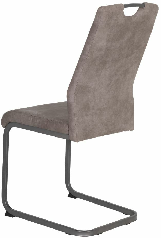 Rückansicht eines modernen Schwingstuhls der Serie CHRISTINA mit grauem Bezug und Metallgestell.