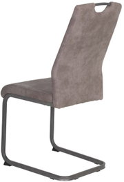 Rückansicht eines modernen Schwingstuhls der Serie CHRISTINA mit grauem Bezug und Metallgestell.