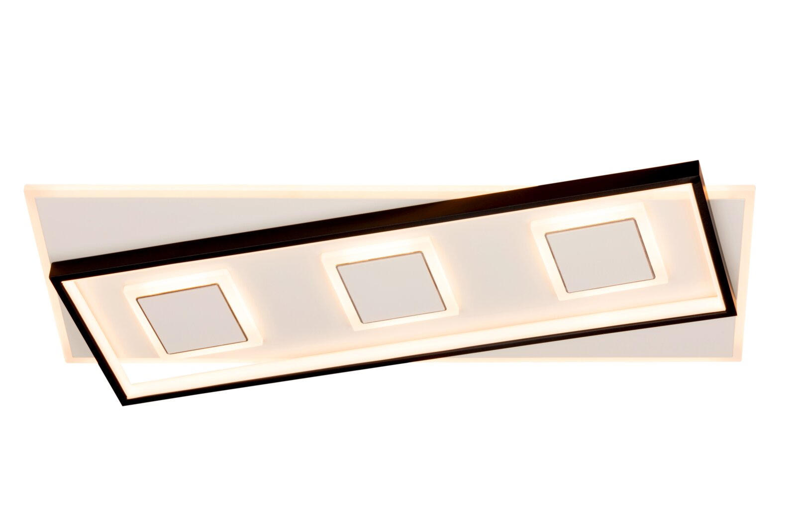 Moderne LED-Deckenleuchte mit drei quadratischen Lichtquellen, seitliche Perspektive