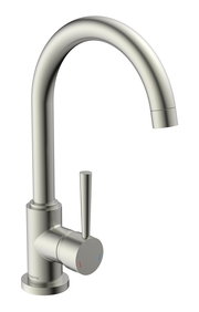 Moderne Spültischarmatur aus Edelstahl mit gebogenem Auslauf und seitlichem Hebel, seitliche Perspektive