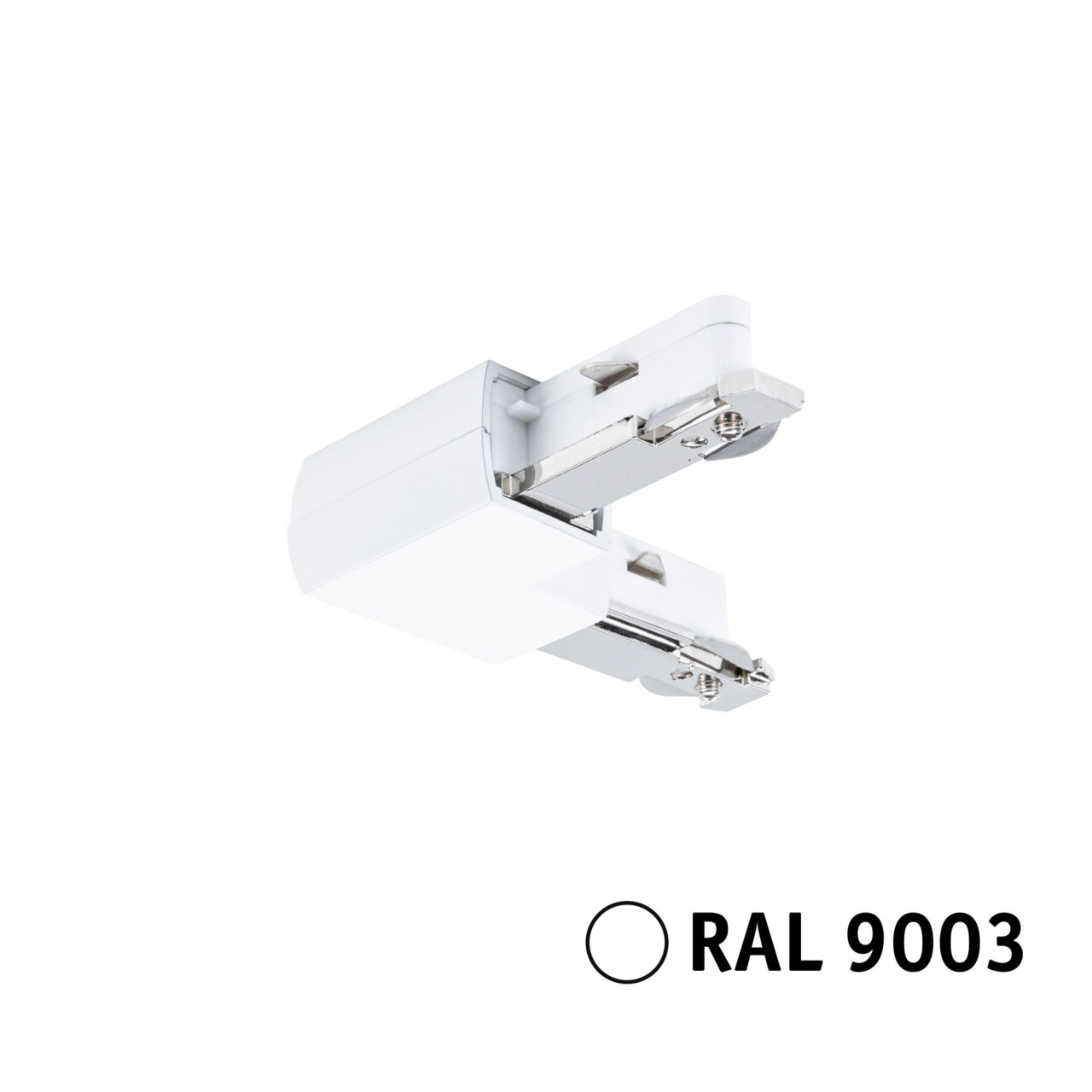 Weißer L-Verbinder für URAIL-System, seitliche Perspektive, RAL 9003