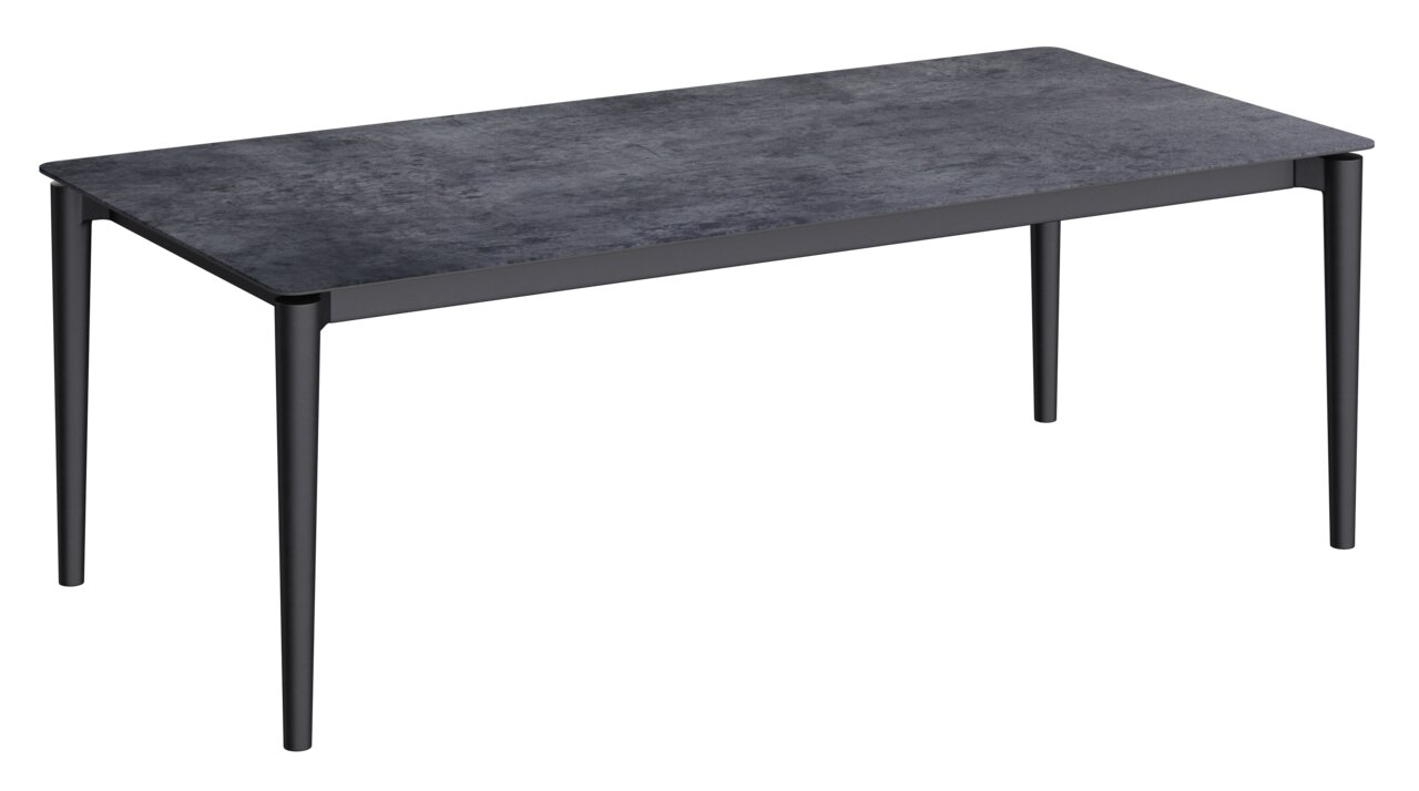 Amatio Salontafel CINETY Moderne salontafel met een donker tafelblad en slanke, zwarte poten, gezien vanaf de zijkant