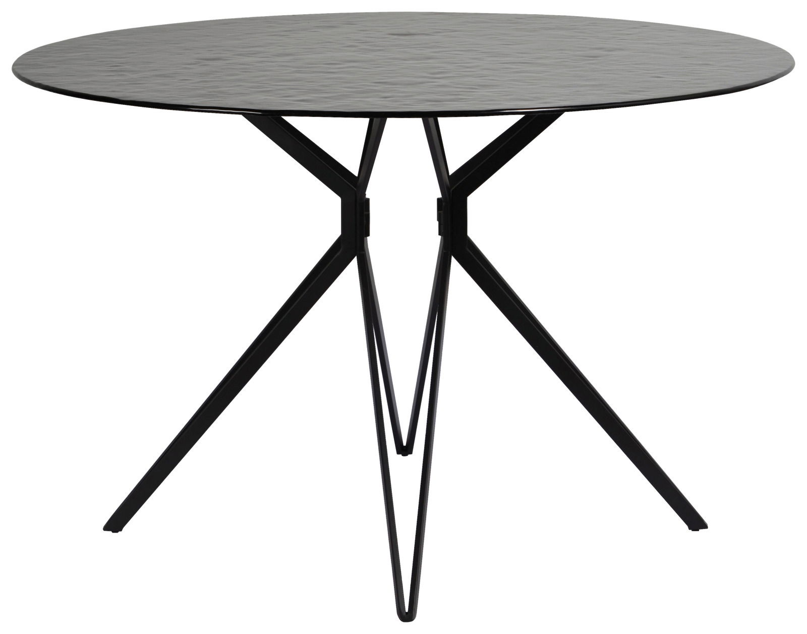 Runder Esstisch mit schwarzer Tischplatte und modernen, schlanken Metallbeinen, seitliche Perspektive