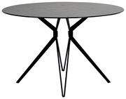 Runder Esstisch mit schwarzer Tischplatte und modernen, schlanken Metallbeinen, seitliche Perspektive