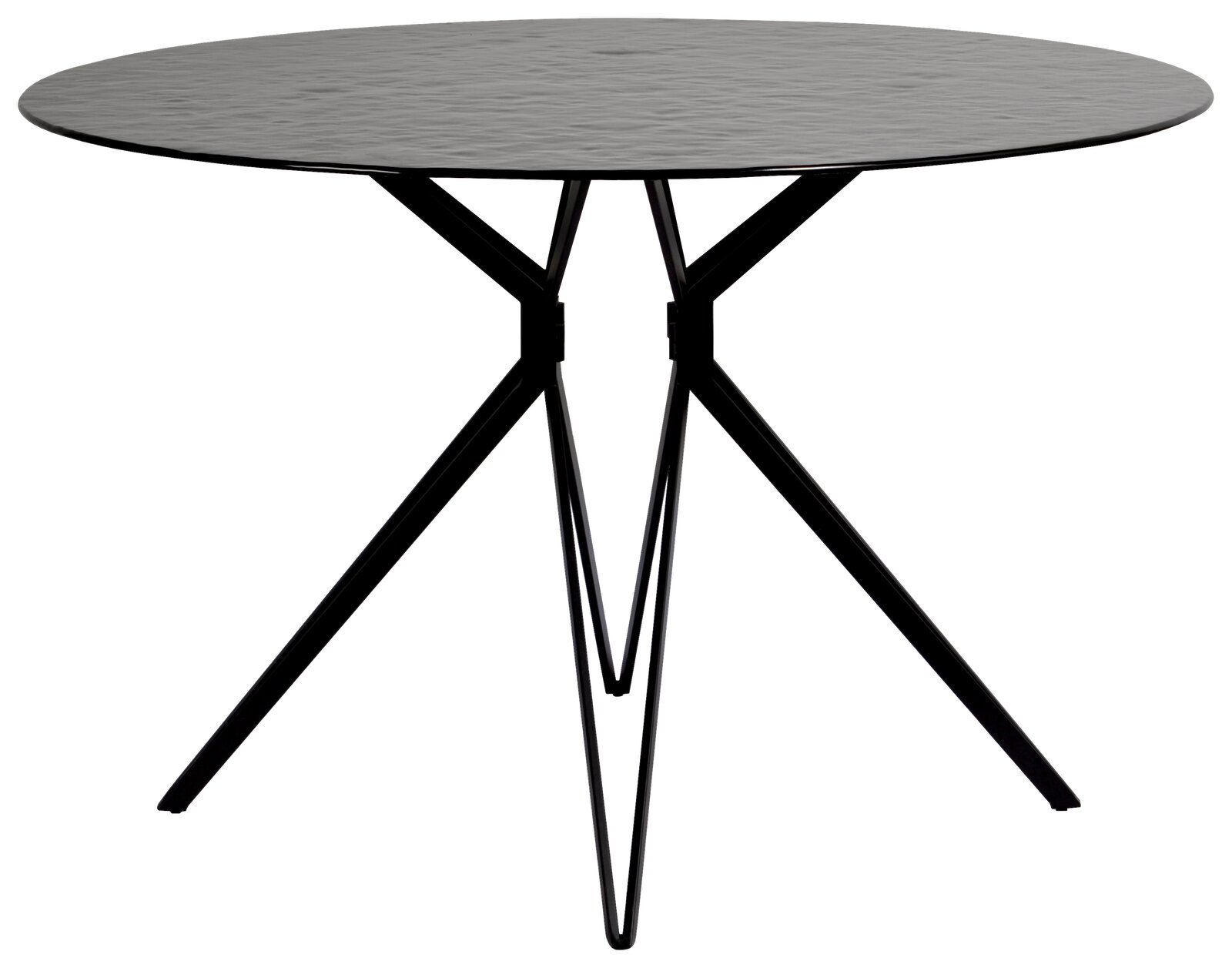 Runder Esstisch mit schwarzer Tischplatte und modernen, schlanken Metallbeinen, seitliche Perspektive