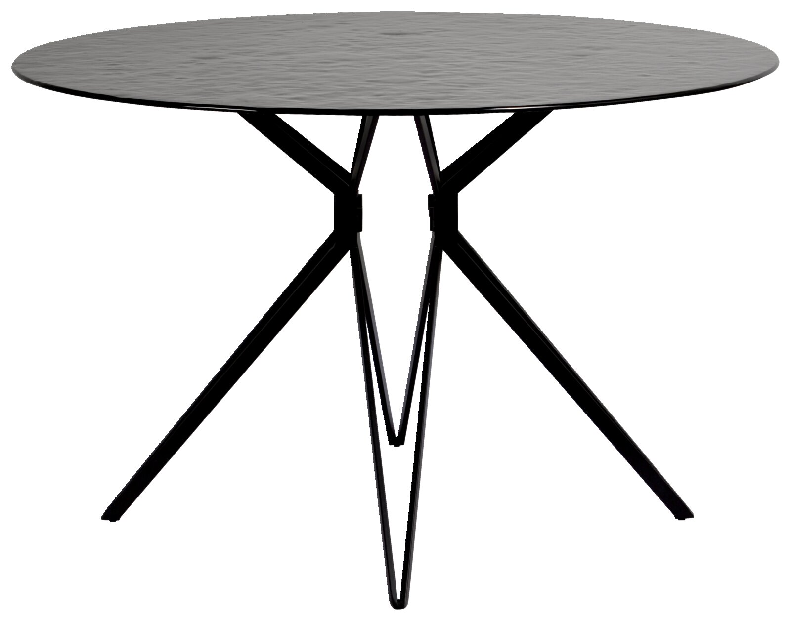 Runder Esstisch mit schwarzer Tischplatte und modernen, schlanken Metallbeinen, seitliche Perspektive