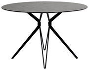 Runder Esstisch mit schwarzer Tischplatte und modernen, schlanken Metallbeinen, seitliche Perspektive