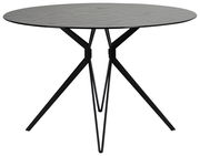 Runder Esstisch mit schwarzer Tischplatte und modernen, schlanken Metallbeinen, seitliche Perspektive