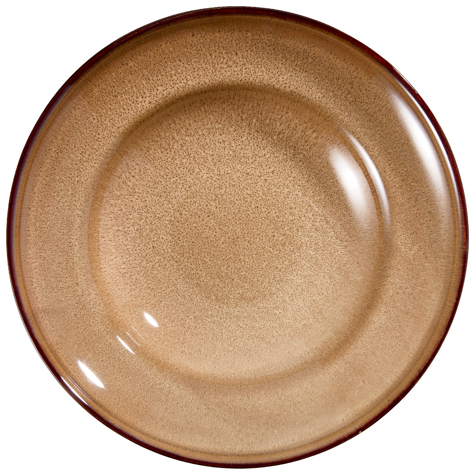 Rond keramisch bord in warm beige met gespikkeld glazuur en donkerbruine rand, van bovenaf gezien