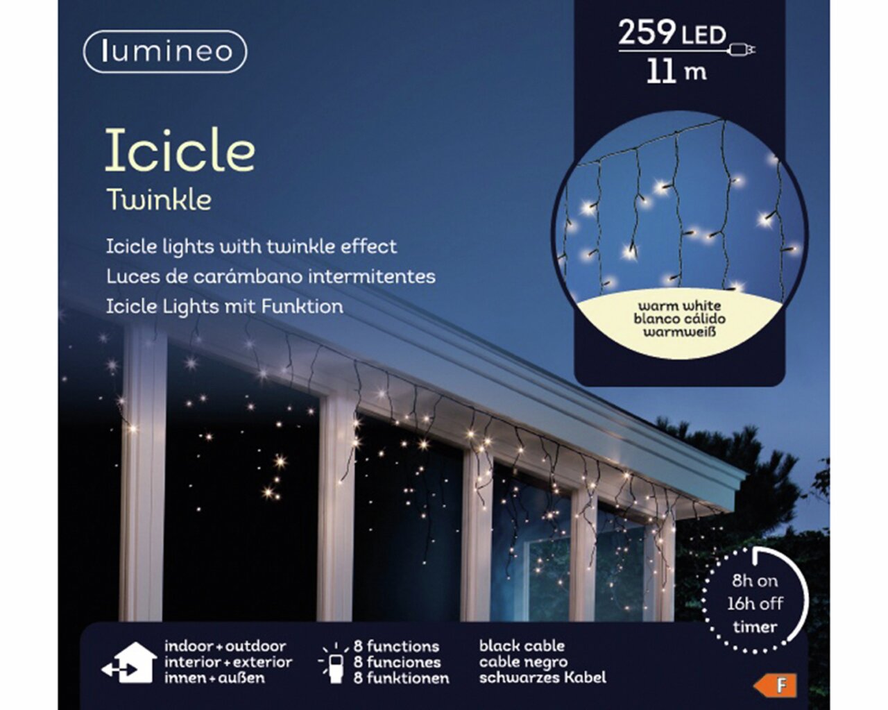 LED-Lichterkette in Eiszapfenform mit warmweißem Licht, 259 LEDs, 11 m Länge, geeignet für Innen- und Außenbereich, mit 8 Funktionen und Timer, Perspektive von außen auf ein Hausdach.