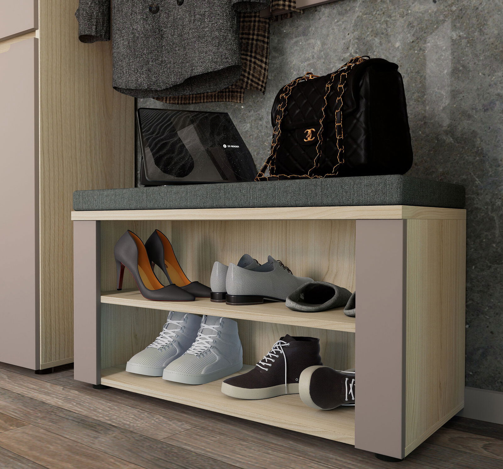 Garderobenkombination mit Sitzbank und Schuhregal, seitliche Perspektive