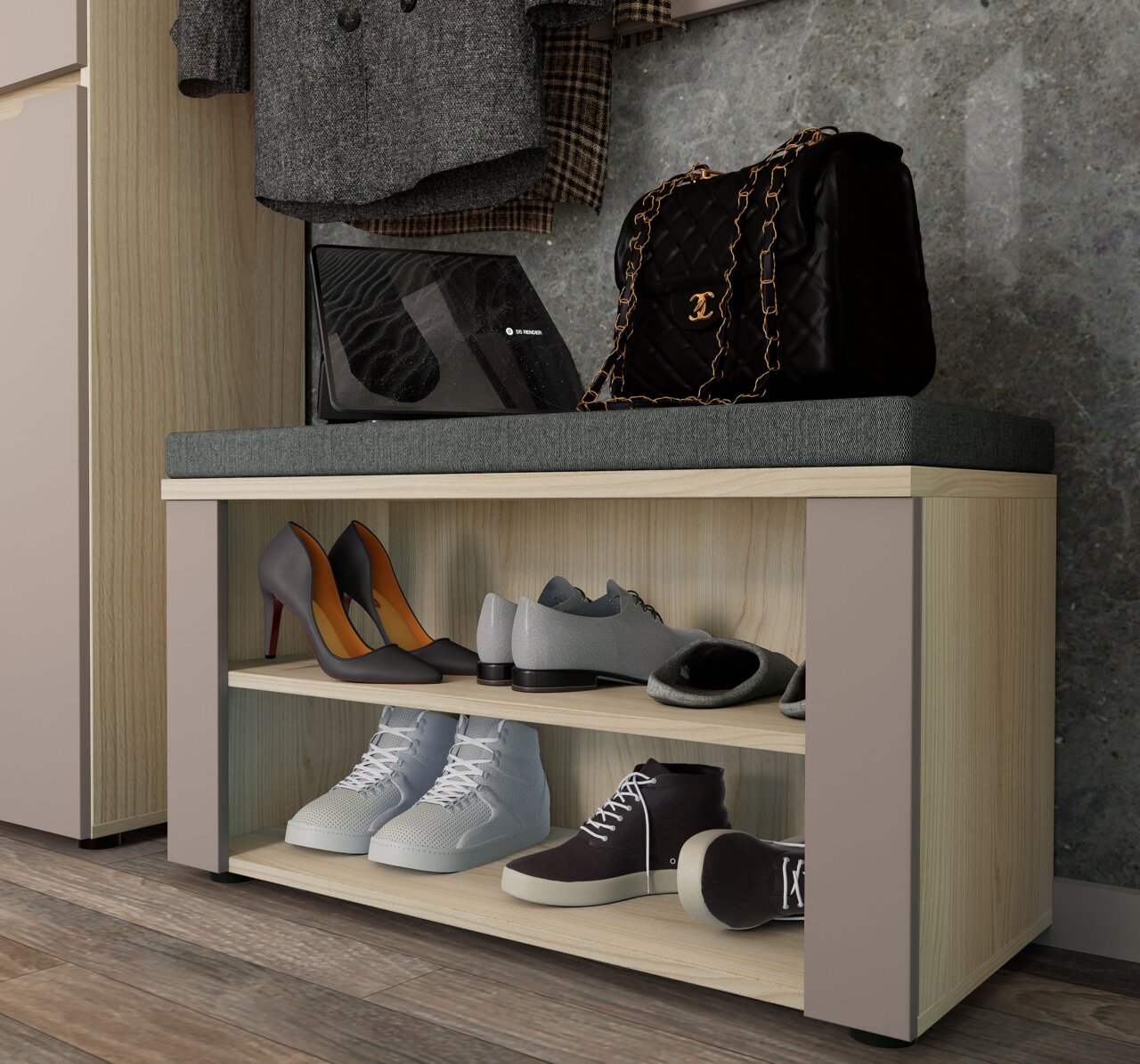 Garderobenkombination mit Sitzbank und Schuhregal, seitliche Perspektive